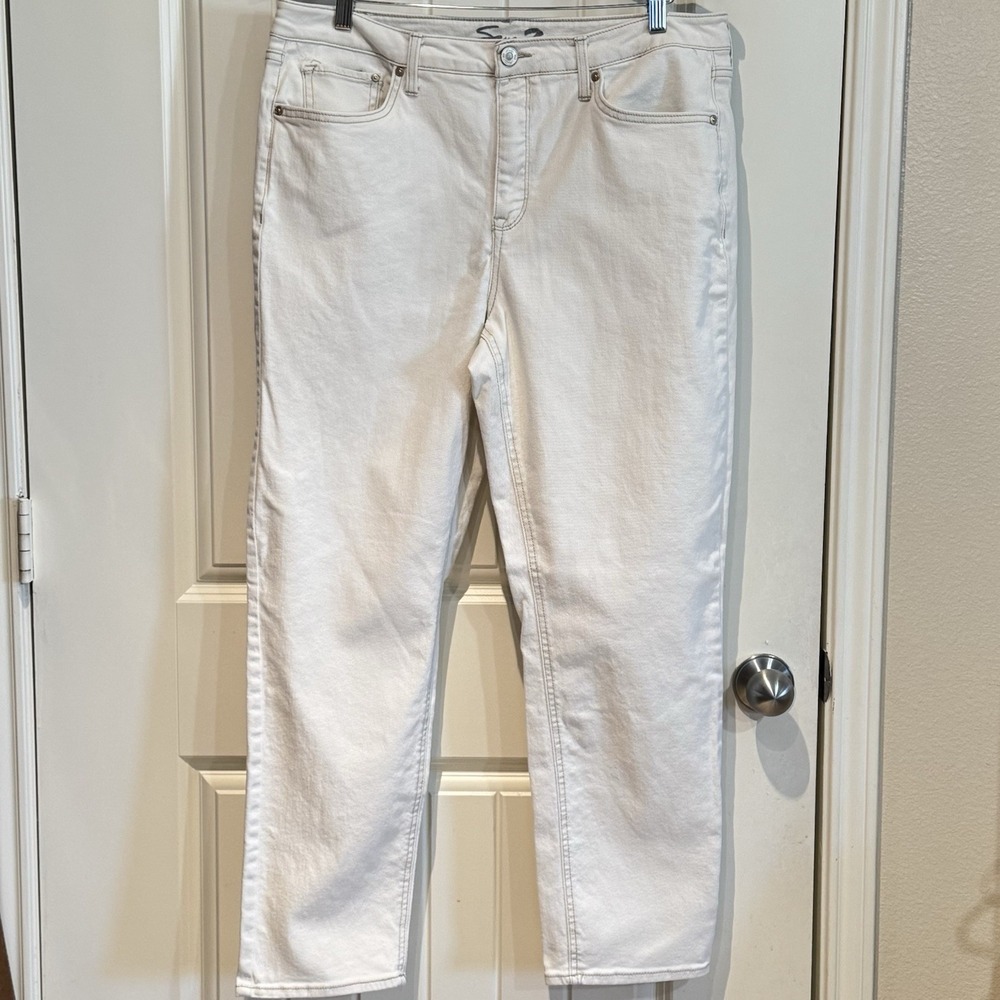Seven7 Slim Straight Jeans Women Size 14 Bone Cream Stretch Denim